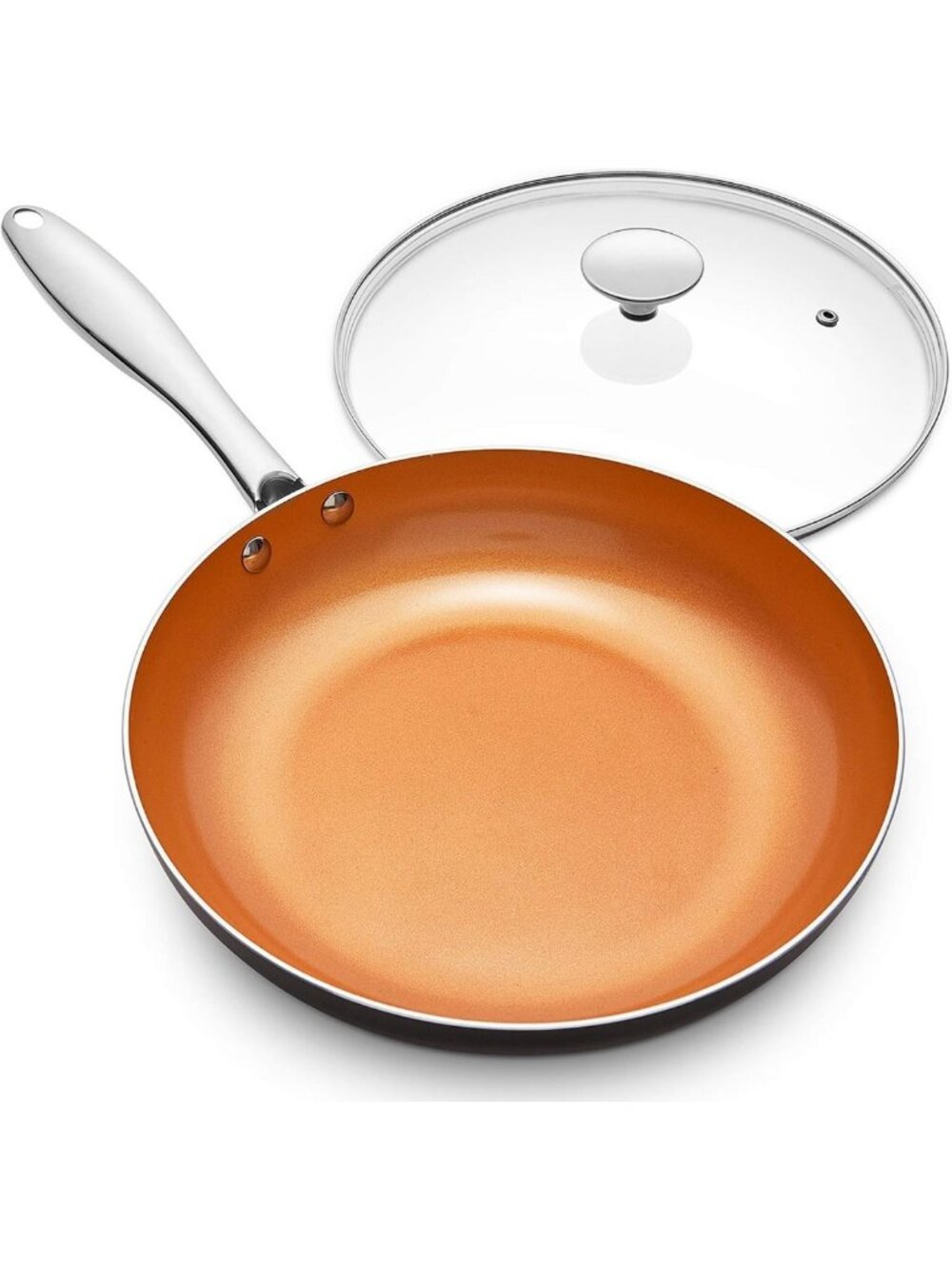 10" Copper Nonstick Frying Pan with Lid, Scratch-Resistant Ceramic Coating, Oven